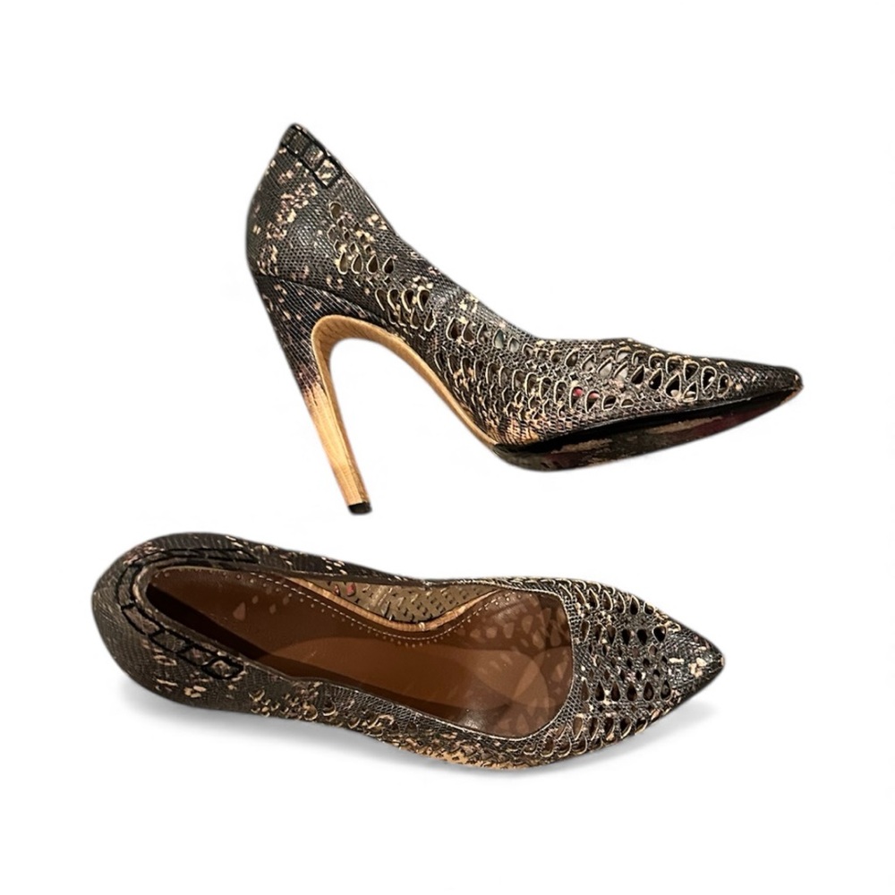 Proenza Schouler Lizard Embossed Leather Pump Lasercut Brown Tan Stiletto Heels